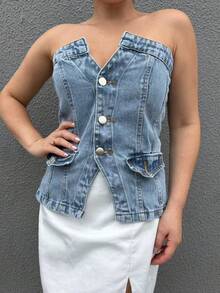 ZOEYA modern chic 077  top jeans feminino cropped sem brilho - Lavagem Média - Visão 3
