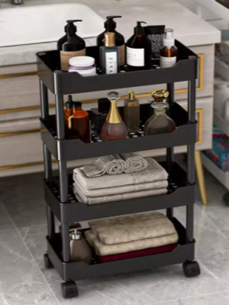 Carrito utilitario de plástico de 4 niveles con asa, carrito de almacenamiento multifuncional para oficina, sala de estar, cocina, organizador de almacenamiento móvil con ruedas 0803 - Blanco y Negro - Ver 1