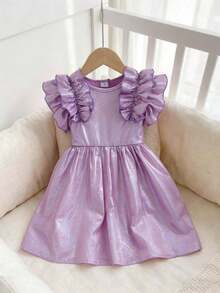 少女紫色珍珠拼接网纱无袖荷叶边收腰可爱甜美网纱连衣裙，夏季 - 紫色 - 查看 10