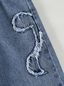 2件套：少女休闲舒适珍珠蝴蝶结印花圆领T恤和宽松复古蝴蝶结做旧蓝色牛仔裤，夏季 - 彩色 - 查看 5