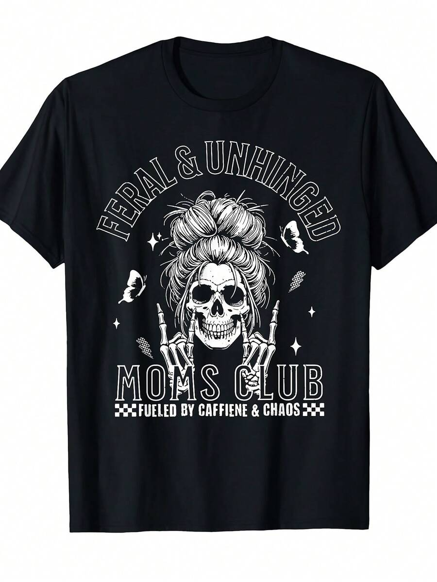 Camiseta Gráfica Divertida del Club de Madres Feroz y Descontroladas - Camiseta de Manga Corta de Corte Holgado y Relajado para Hombres y Mujeres, con Diseño de Taza de Café y Calavera, Lema de Mamá Feroz, Camiseta Casual Unisex para Deportes y Ocio, Ligera y Energética. - Negro - Ver 1