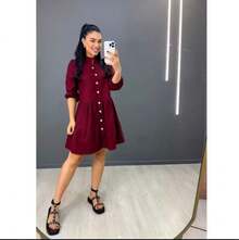 Women's Striped Midi Dress With Shirt Collar And Bishop Sleeves, Casual, With Buttons, Asymmetrical Hem, Summer And Beach. - 酒紅色 - 查看 3
