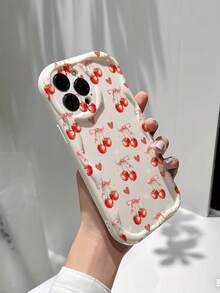 Heart Cherry Print Cream Wavy Edge Glossy Painted Anti-Drop Phone Case, Compatible With IPhone, Galaxy, - Multicolor - View 3