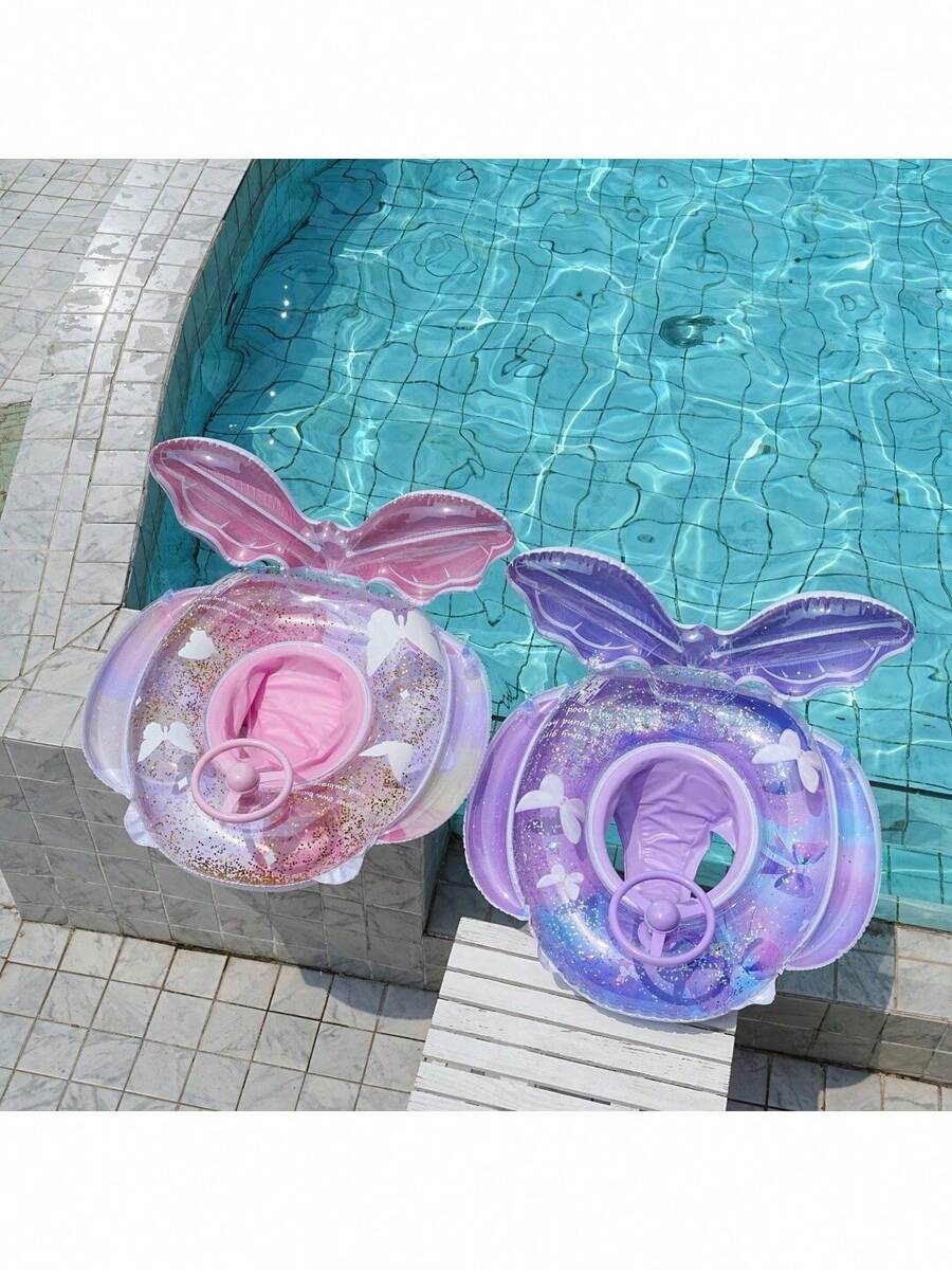 儿童充气美人鱼尾巴游泳圈，紫色和粉色，PVC材质，带灯光和方向盘 - 彩色 - 查看 1