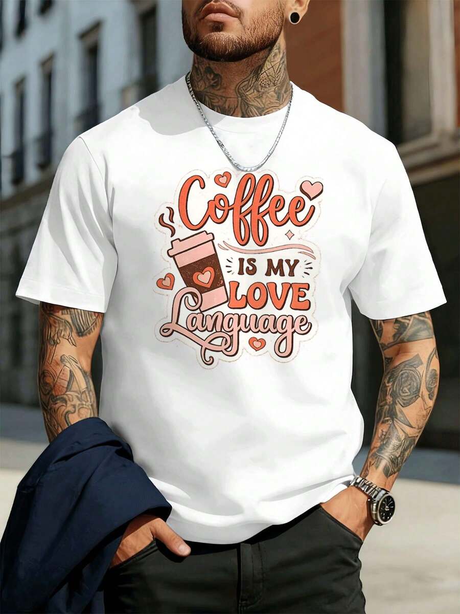 Camiseta gráfica Coffee Love Language hecha de material de alta calidad, ajuste cómodo, estilo hip-hop urbano, estampado artístico - Blanco - Ver 1
