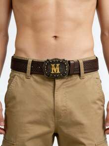 Men's Bohemian Western Cowboy Style Letter Relief High End Metallic Buckle Retro Brown - Multicolor - View 1
