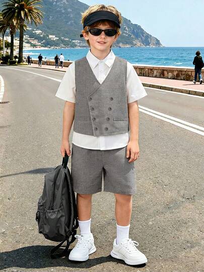 Jungen Preppy 3-teiliges Set: Weißes Hemd + Graue Weste + Doppelreihige Weste, geeignet für Hochzeitsjungen, Schulanfang, Party, vielseitiges Koordinationsset