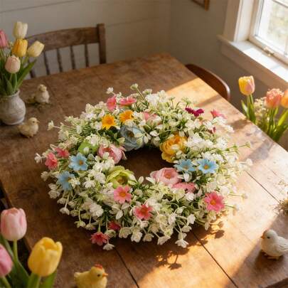 Easter Wreath For Front Door, Spring Camellia Flower Wreath With Colorful Eggs And Eucalyptus Leaves Home Decor