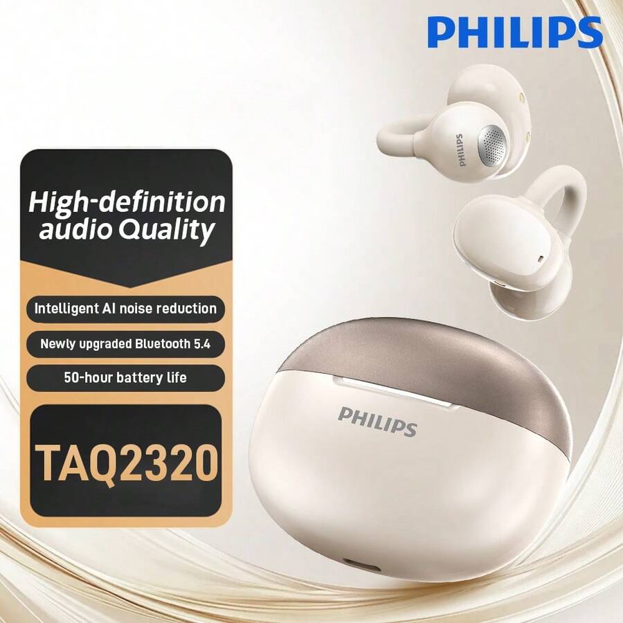 Philips New Bluetooth 6.0 Wireless Headphones，Clip-on Ear-hook Design, Comfortable Open-ear Fit, Hi-Fi Sound, AI Noise Cancellation, Sports-friendly, Strong Battery Life，Model TAQ2320 - 白色 - 查看 1