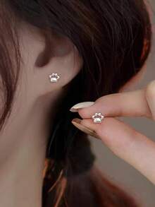 Pendientes de botón con diseño de huella de gato de plata de ley 925, minimalistas y de moda, joyas de plata ligeras y frescas - pendientes - Ver 4