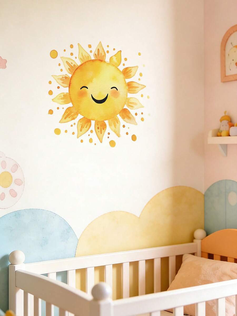 1pc Cartoon Style Colorful Smiling Face Sun Wall Sticker, Suitable For Girls/Children Room Decor - Multicolor - View 1