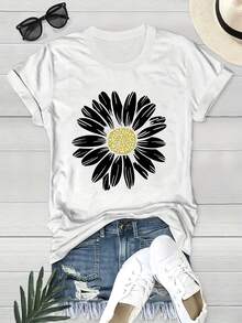 Flower Print Crew Neck T-Shirt, Vintage Short Sleeve T-Shirt For Spring & Summer, Women's Clothing - Branco - Ver 2
