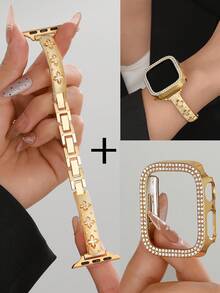 1件/套 表带+表壳，兼容表带38/40/41/42/44/45/46/49mm。金色镶钻雕花手镯+双钻镂空表壳，防震防摔。适用于 Ultra/SE/Series 11/10/9/8/7/6/5/4/3/2/1。智能手表配件，易于调节，无需工具。表壳+表带 - 金色 - 查看 11