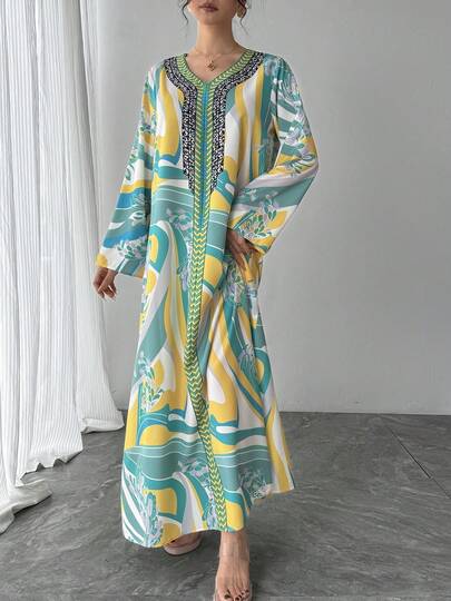 1 ชิ้น เดรสลำลองคอวีแขนยาวสำหรับผู้หญิง, เดรสลายดอกไม้สีเหลือง-เขียวสุดหรู, เดรสสตรีอาหรับสไตล์ใหม่, เหมาะสำหรับงานปาร์ตี้, งานกาล่า, วันหยุด, วันแม่ เป็นของขวัญที่สวยงามสำหรับคุณแม่, ลูกสาว, เพื่อน