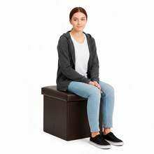 Taburete Otomano Organizador Plegable, Diseño Minimalista Acolchado en Piel Sintética - Café integral - Ver 3