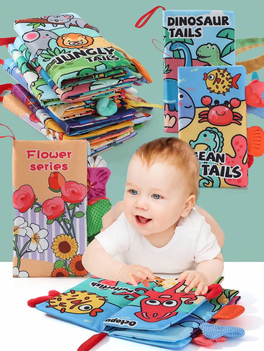 1本7主题磨牙布书，带沙沙纸，早教认知玩具，新生儿复活节/斋月/派对玩具