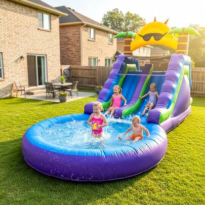 26 Ft (L) 0.45 Mm Commercial Grade PVC Inflatable Water Slide, [Great Large Pool], Backyard Bounce House, Outdoor Purple Water Castle Slide With 1100 W Blower, [Double Slide], Camping Fun For Kids & Adults, Dry Wet Use, 26 X 12 X 14 Ft