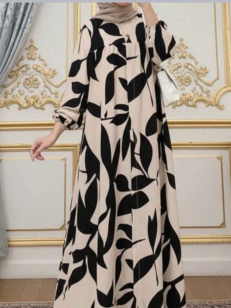 Đầm dài dáng rộng kiểu Ả Rập tay phồng in họa tiết cây cỏ dành cho nữ, kiểu Kaftan kín đáo, thích hợp mặc mùa xuân. - Nhiều màu - Xem 1