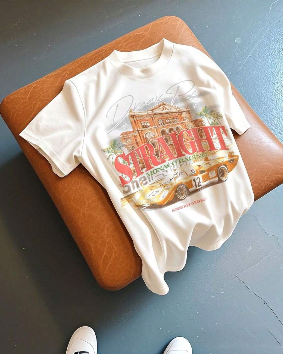 Men's Casual Racing Letter Print Short Sleeve T-Shirt, Summer Holiday Style - White - View 1