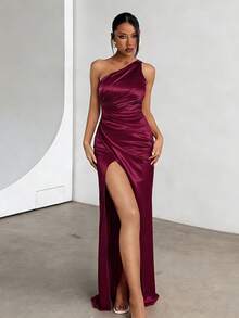 WOWDARK Summer Dress, Wine Red, Elegant One Shoulder Ruched Split Party Dress For Women, Suitable For Valentine's Day, Dates, Gatherings, Parties, Travel, Vacation, Beach Wedding Spring - 酒紅色 - 查看 1