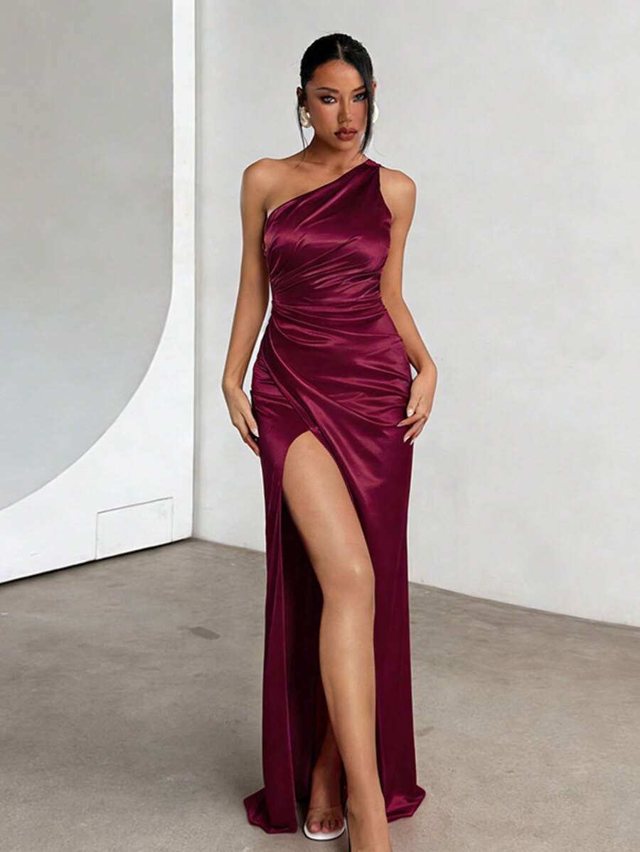 WOWDARK Summer Dress, Wine Red, Elegant One Shoulder Ruched Split Party Dress For Women, Suitable For Valentine's Day, Dates, Gatherings, Parties, Travel, Vacation, Beach Wedding Spring - 酒紅色 - 查看 1