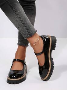 Giày lười nữ đế dày, mũi tròn, da bóng màu đen, thích hợp đi làm hàng ngày, đi học, phù hợp cho mọi mùa. - màu đen - Xem 5