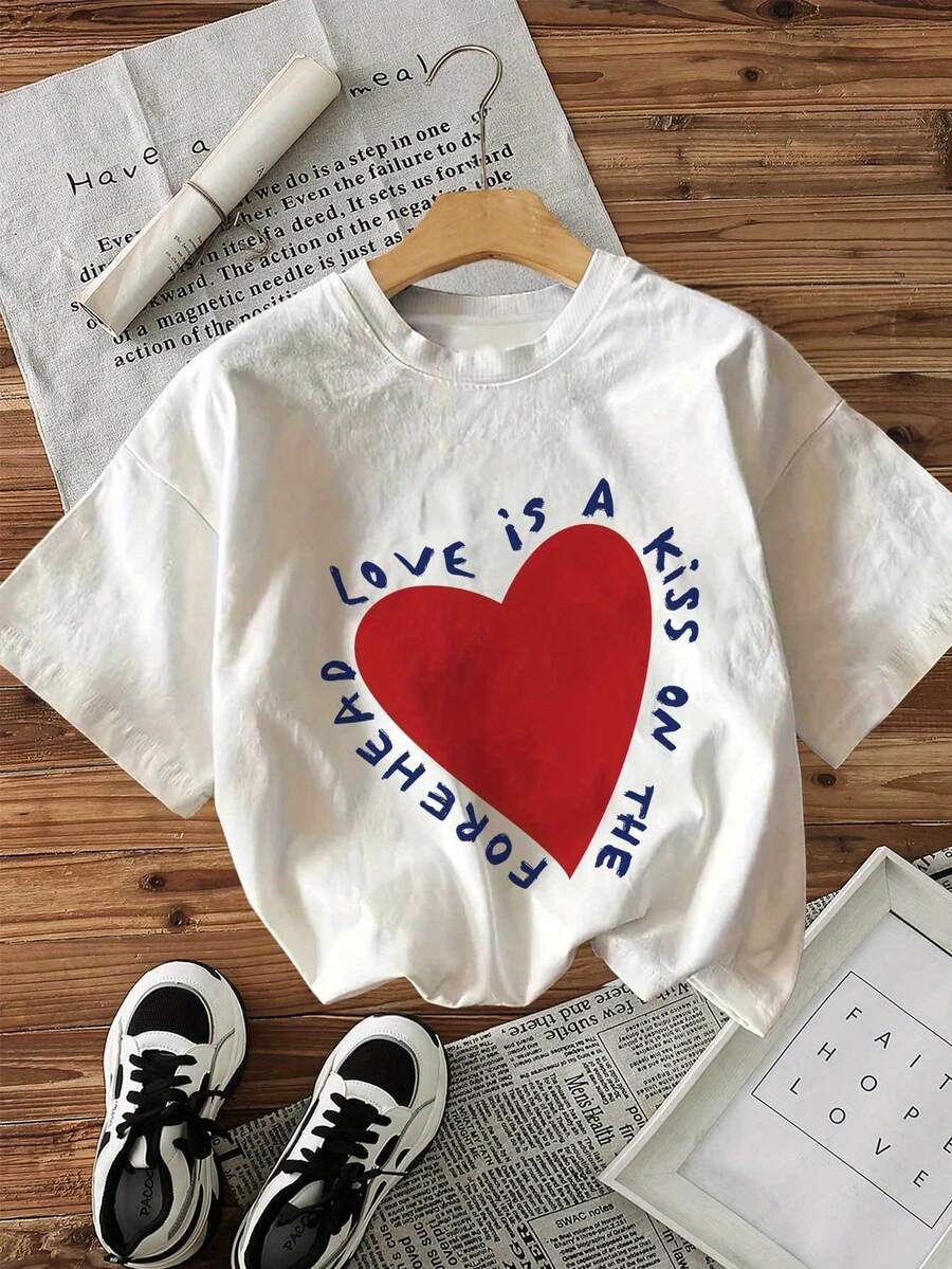 Camiseta redonda de manga corta estampada con el lema "FRONT" y "Love is a NO KISS!" - Blanco - Ver 1