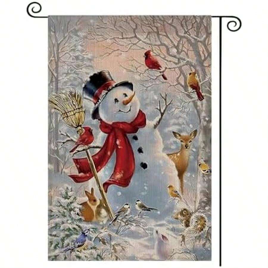 Winter Garden Flag 12*18 Inch Double Sided For Outside,Small Vertical Burlap Snowman Christmas Deer Cardinal Bird Christmas Yard Flag For Xmas Welcome Winter Holiday Yard Decorations - / - 查看 1