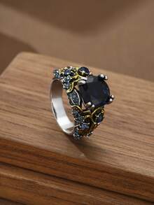 1 chiếc nhẫn Zirconia tổng hợp màu xanh dương, hình vuông lớn, đính lá và dây leo màu vàng, kiểu Marquess, quà tặng đính hôn, quà tặng kỷ niệm, nhẫn sang trọng cho các bữa tiệc và trang phục thường ngày, hoàn hảo để tặng bạn bè. - nhẫn - Xem 10