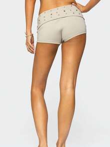 Women Y2K Studded Foldover Micro Shorts Vintage Low Waist Slim Fit Mini Shorts Boxer Short Party Clubwear - 米色 - 查看 5