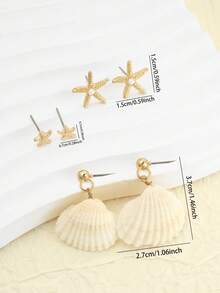 夏季新款波西米亚度假风海星、贝壳和海螺耳环三件套，适合女孩佩戴（海螺并非唯一款式） - 彩色 - 查看 2