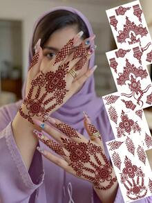 4pcs Moon & Flower Pattern Wine Red Nail Art Temporary Tattoo Stickers - Manhaiti Design Body Painting Tattoos For Party & Festival - Red - View 6