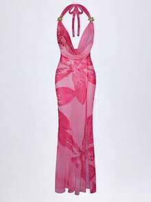 女士春夏流行粉色网纱单层透明百合花印花性感优雅深V领无袖连衣裙，饰以金色花朵，侧开衩腰带，两件套（不含文胸），适合海滩、度假、日常穿着、约会、朋友聚会等场合。 - 粉色 - 查看 7