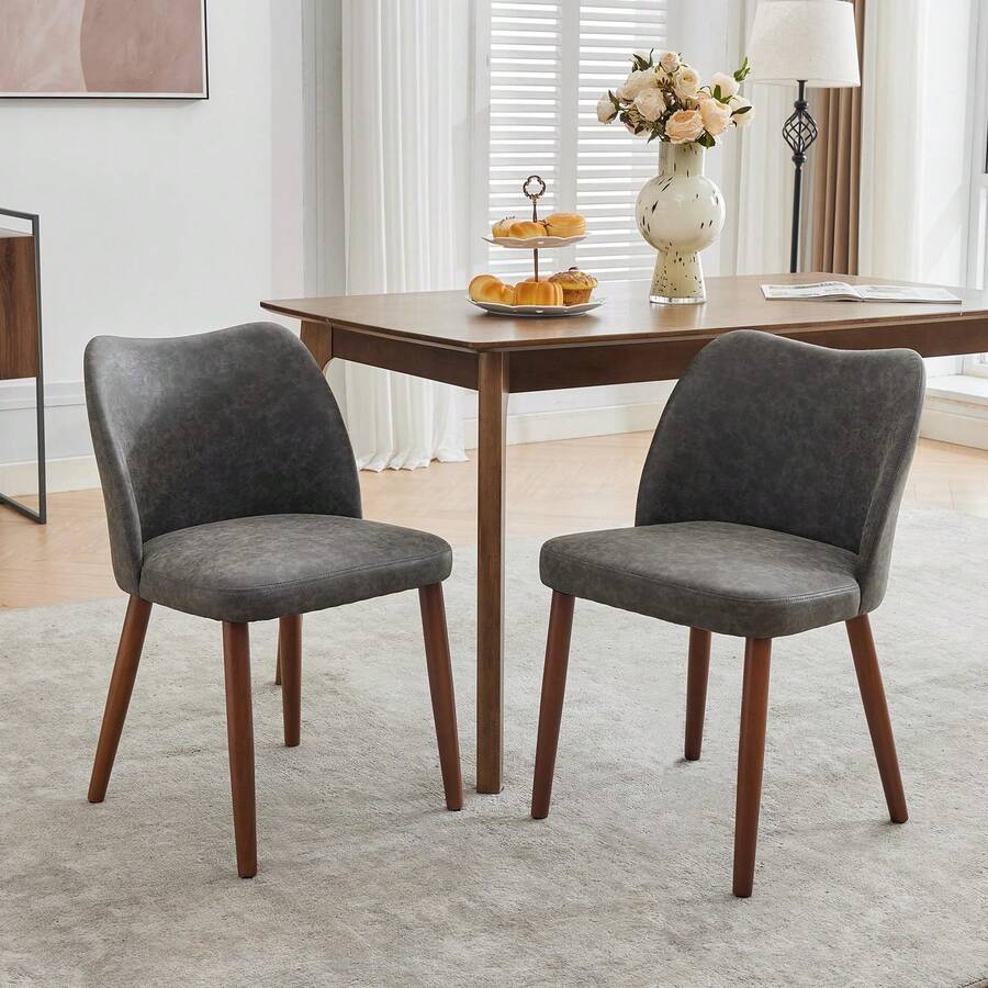 Huisuilinss Dining Chairs Set Of 2,Linen Upholstered Kitchen Chair With Thick Cushions,Wood Dinner Chair With Wood Legs,Wing Backrest,Accent Chair For Dining Room Living Room Kitchen - PU Dark Gray - 查看 1