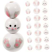 Easter Bunny Wooden Bead & Linen Rope, White Rabbit Pendant Bracelet Beads, DIY Craft Supplies - Multiple Styles - View 9