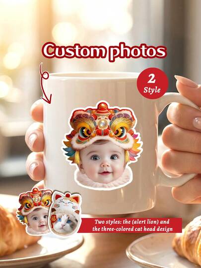 6/12/24pc Customize Photo 2-Style Chinese New Year Sticker(Lion Dance/Lucky Cat Sticker),Personalized Face New Year Stickers,2026 Lunar New Year Decor Stickers,Decorative Stickers With Traditional Elements,Lion Dance Stickers,Personalized Gifts