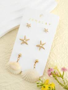 夏季新款波西米亚度假风海星、贝壳和海螺耳环三件套，适合女孩佩戴（海螺并非唯一款式） - 彩色 - 查看 3