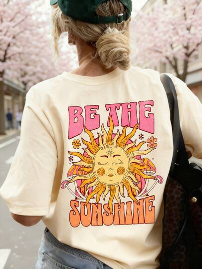 Women's Vintage Sunshine Letter Graffiti Print Comfortable Breathable Loose Slouchy American Hippie Style Short Sleeve T-Shirt, Suitable For Spring Cherry Blossom Season, Outdoor Music Festivals, City Strolls, Park Visits, And Light Vacations