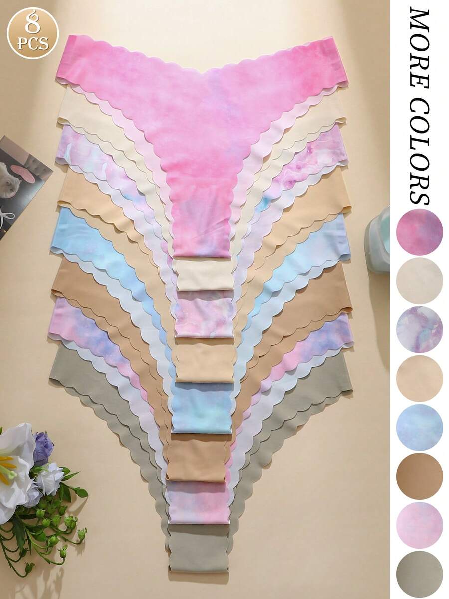 8pcs/Set Women's Seamless Leopard Print & Solid Color Wavy Trim Triangle Panties, Comfortable Smooth Fabric