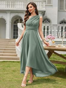Volly Toych Vielseitiges A-Linien elegantes asymmetrisches V-Ausschnitt Midi Chiffon Brautjungfernkleid, Hochzeitsgast Kleid - Eukalyptus - Übersicht 3