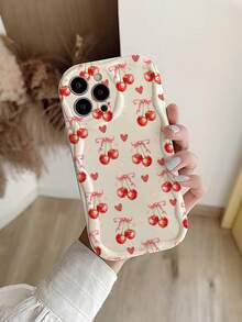 Heart Cherry Print Cream Wavy Edge Glossy Painted Anti-Drop Phone Case, Compatible With IPhone, Galaxy, - Multicolor - View 1