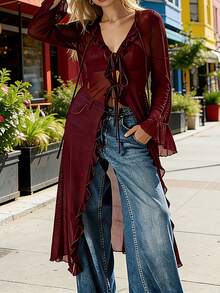 Womens Sheer Ruffle Tops Flare Long Sleeve V Neck Fashion Solid Color Tie up Front Going Out Shirts - Rojo - Ver 2