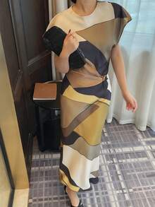 DEEKA Summer New Women's Fashion Simple Cinched Waist Satin Pleated Printed Dress - Yellow - View 3