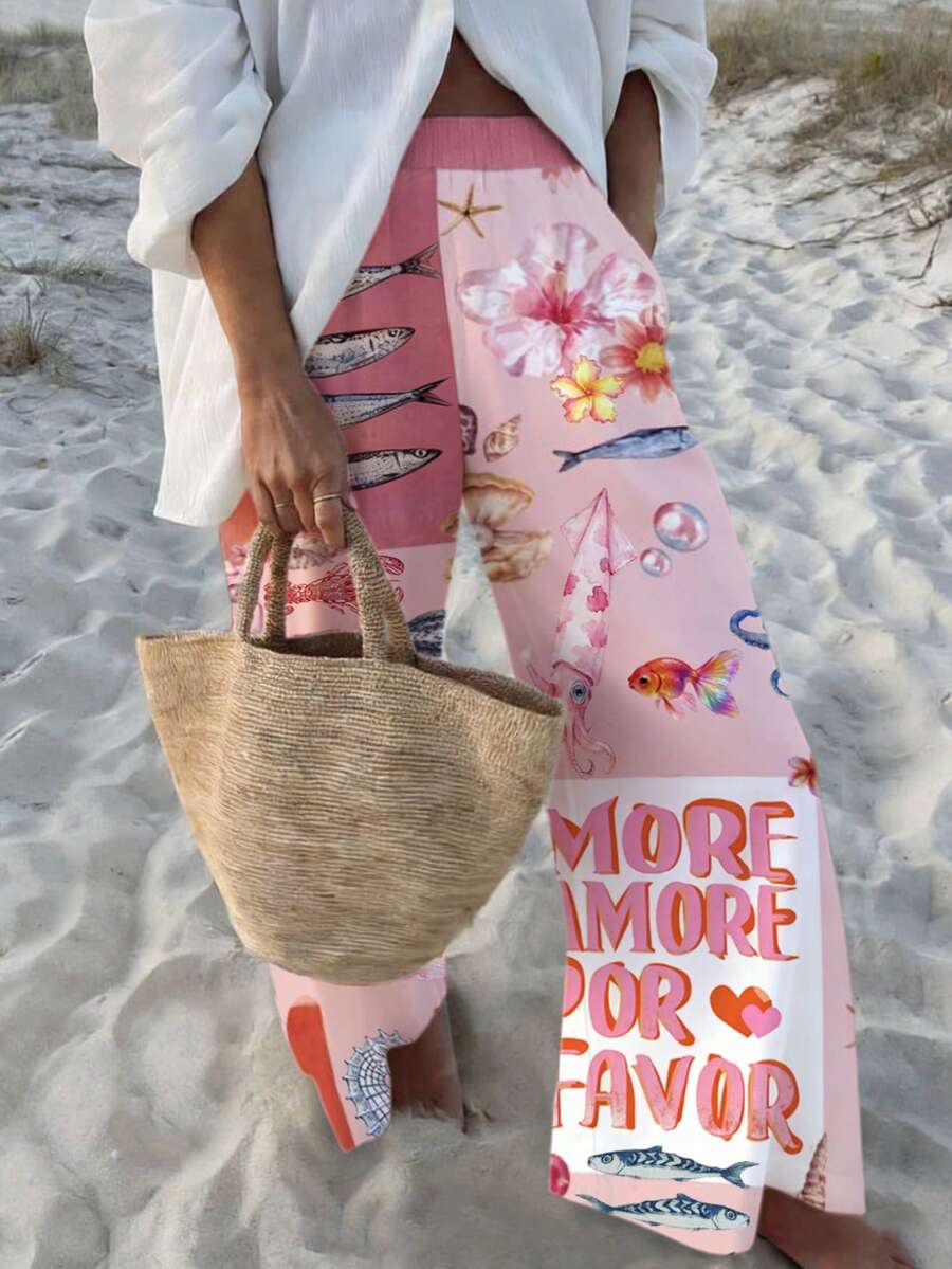 Women's Fashion Casual Octopus & Ocean Element Letter Print Wide Leg Pants, Waist Pocket Design, Suitable For Brunch - Pink - View 1