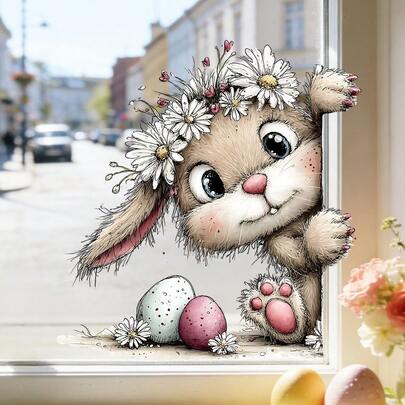 1/3pcsSpring Easter Window Clings, Peeking Bunny Raccoon With Floral Egg Decor, Removable Cute Animal Static Decals For Kitchen Living Room Windows