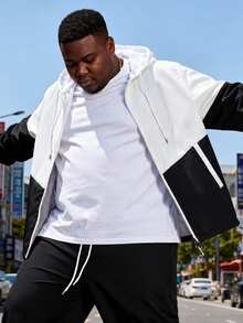 Plus Size Men's Color Block Windbreaker Jacket, Hooded Windproof Casual Sports Coat - Black and White - View 3