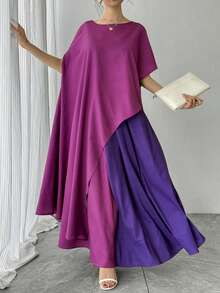 两件套女士套装，紫色圆领不对称套头衫+撞色蓝色弹力腰半身裙，优雅阿拉伯风格奢华正式礼服，送给妈妈、女儿、朋友、妻子的完美生日、正式晚宴、派对、新年礼物 - 紫色 - 查看 10