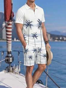 Men's Palm Tree Print Zip-Up Polo Shirt And Casual Shorts Set, Vacation Style - Multicolor - View 1