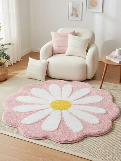 1pc Soft Pink Floral Area Rug, Small Daisy Pink Flower Pattern, Suitable For Living Room, Bedroom, Kids Room, Study Decor, Decorative Carpet, Washable Rug