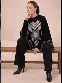 Luxury Women's Knitted Poncho With Long Sleeves, Scarf, Autumn And Winter Style. - màu đen - Xem 3